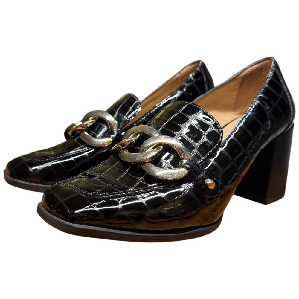 ANTONIO MELANI Harpez Women 7.5 Black Crocodile Embossed Leather Heel Gold Chain
